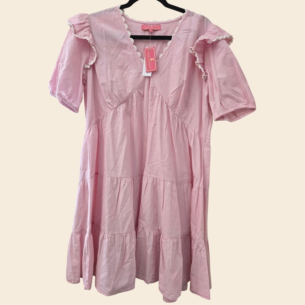 Simply Southern Pink Cotton Scalloped V-Neck Tiered Ruffle Mini Dress Small NWT